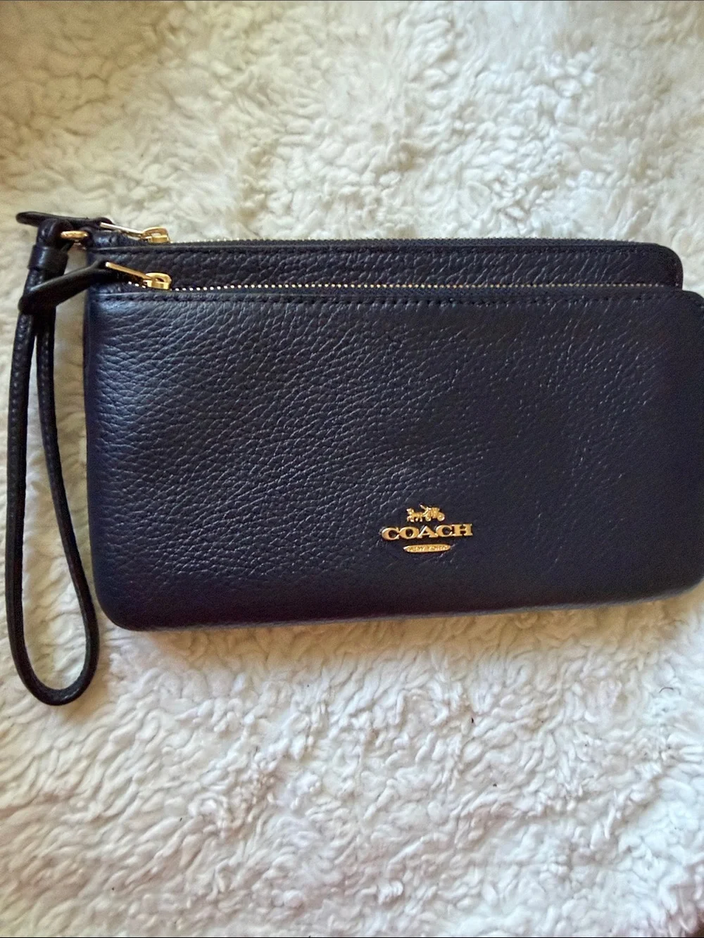 Coach Black Pebbled Leather Wristlet with Gold Logo